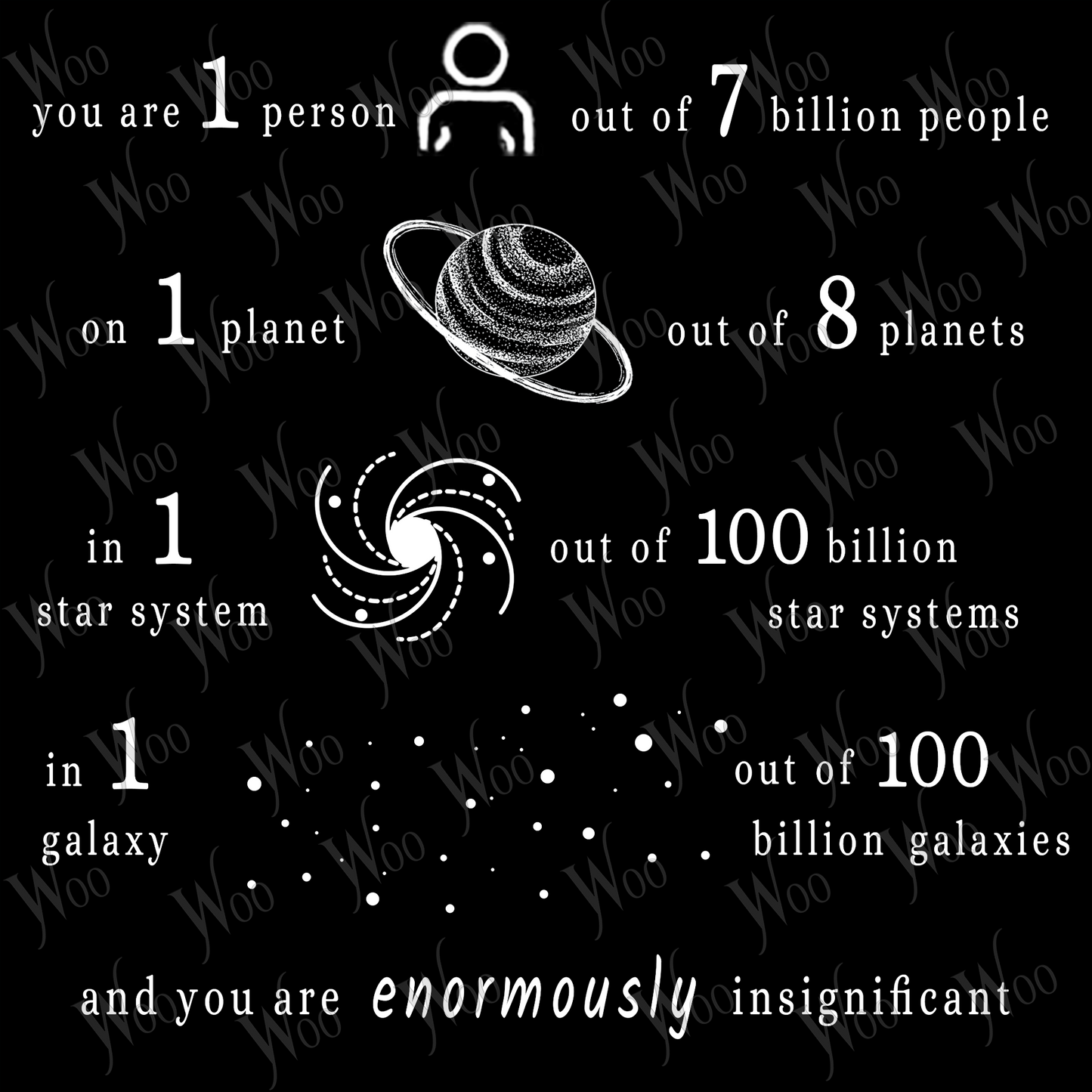 “You are 1 person out of 7 billion people  On 1 planet out of 8 planets  In 1 star system out of 100 billion star systems  In 1 galaxy out of 100 billion galaxies  and you are enormously insignificant”