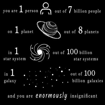 “You are 1 person out of 7 billion people On 1 planet out of 8 planets In 1 star system out of 100 billion star systems In 1 galaxy out of 100 billion galaxies and you are enormously insignificant”