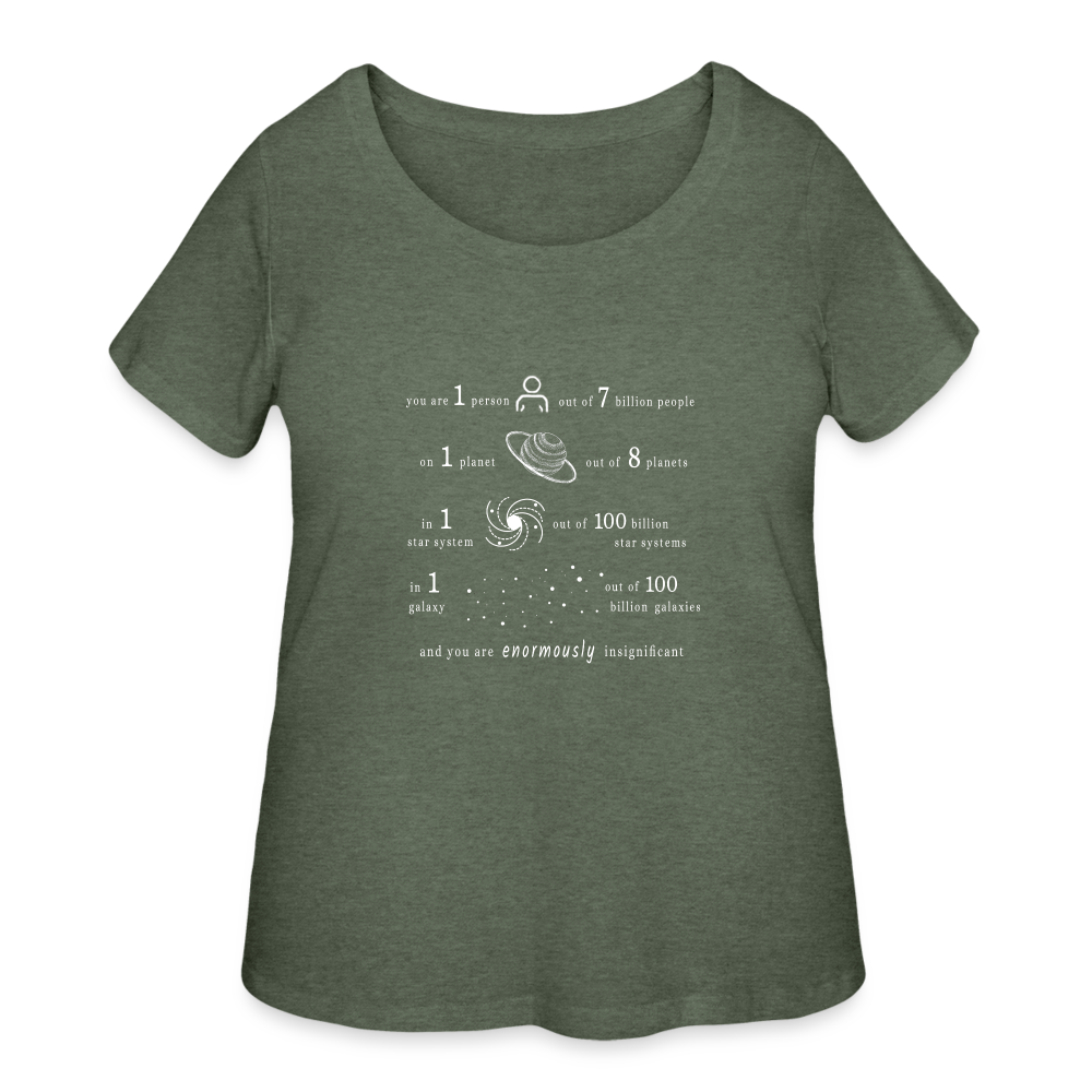 Insignificant - Women’s Curvy T-Shirt - heather military green - “You are 1 person out of 7 billion people On 1 planet out of 8 planets In 1 star system out of 100 billion star systems In 1 galaxy out of 100 billion galaxies and you are enormously insignificant”